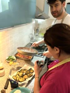 Preparing aubergines Parmigiana - Sorrento Garden Kitchen